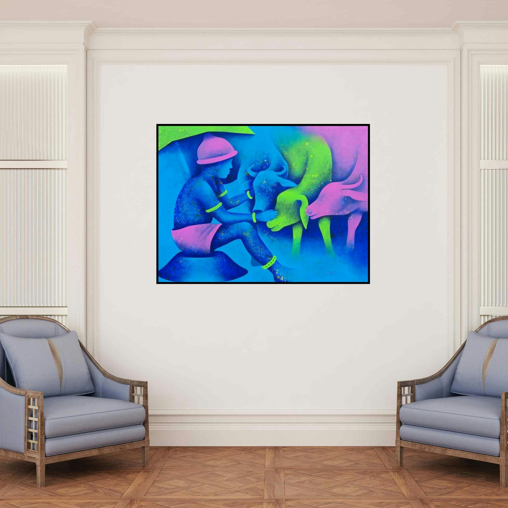 'Athkheliyan 58 (Pastoral Harmony)' painting by Lakhan Singh Jat shown on a wall in a furnished room.