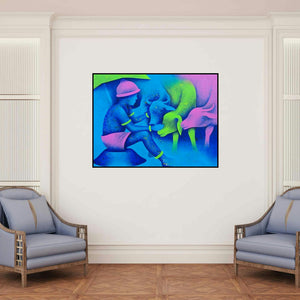 'Athkheliyan 58 (Pastoral Harmony)' painting by Lakhan Singh Jat shown on a wall in a furnished room.