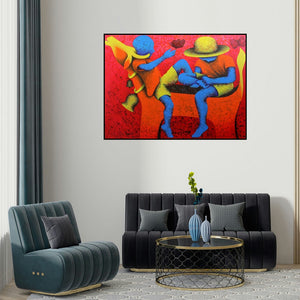 Lakhan Singh Jat's 'Athkheliyan 59 (Conversations in Carmine)' painting visualized above a sofa in a contemporary room.
