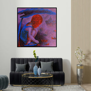 Lakhan Singh Jat's 'Athkheliyan 62 (Azure Dreams)' painting visualized above a sofa in a contemporary room.