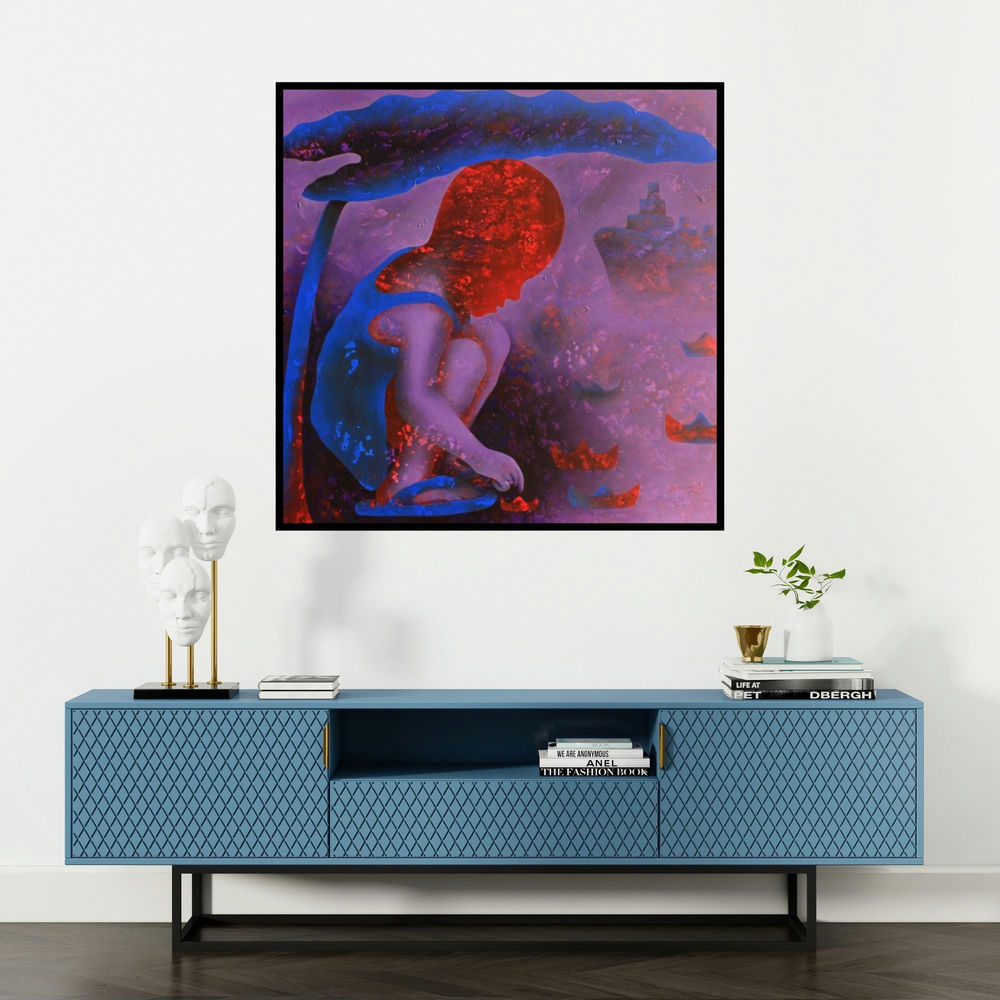 'Athkheliyan 62 (Azure Dreams)' painting by Lakhan Singh Jat shown on a wall in a furnished room.