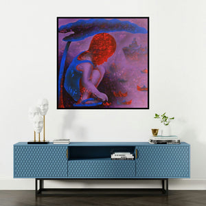 'Athkheliyan 62 (Azure Dreams)' painting by Lakhan Singh Jat shown on a wall in a furnished room.