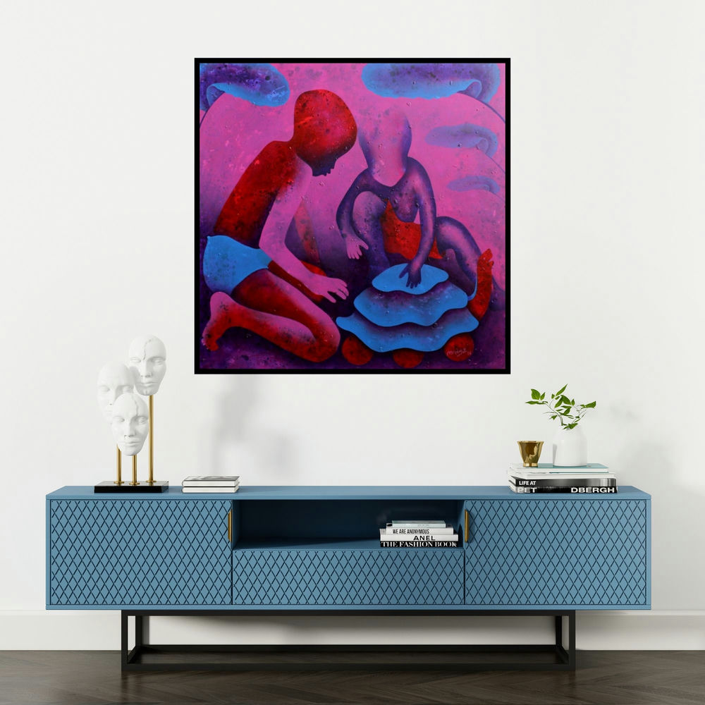 'Athkheliyan 64 (Shared Discovery)' painting by Lakhan Singh Jat shown on a wall in a furnished room.