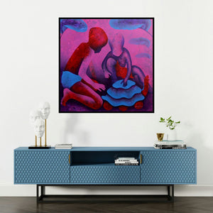 'Athkheliyan 64 (Shared Discovery)' painting by Lakhan Singh Jat shown on a wall in a furnished room.