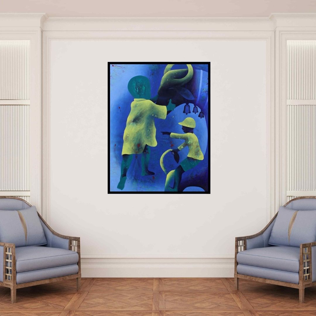 In-situ view of Lakhan Singh Jat's 'Athkheliyan 74 (A Celestial Encounter)' painting in a room