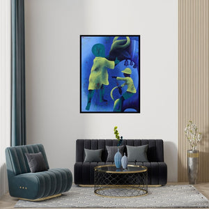 Preview of 'Athkheliyan 74 (A Celestial Encounter)' Painting by Lakhan Singh Jat shown on a wall in a furnished room.