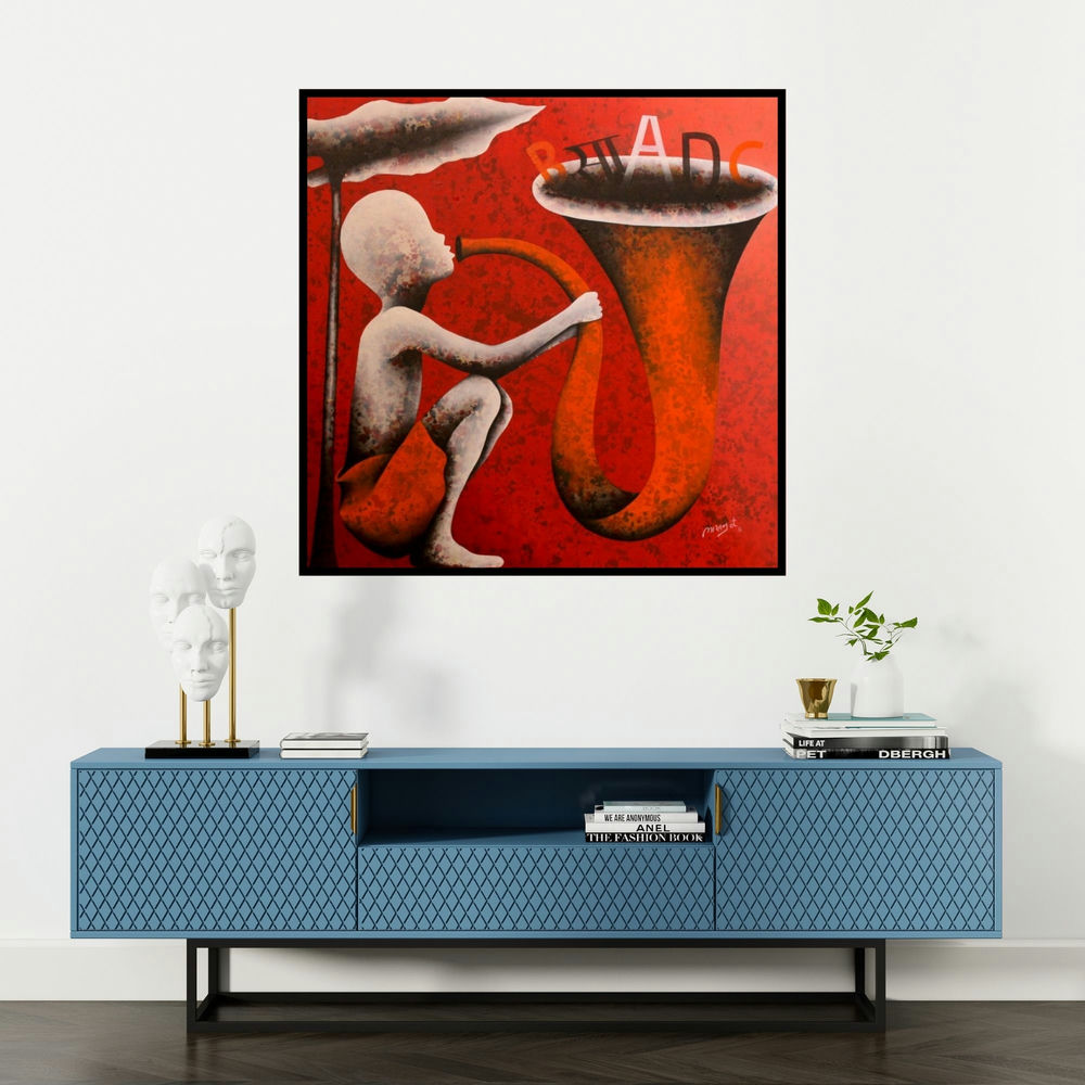 'Athkheliyan 75 (Literary Resonance)' painting by Lakhan Singh Jat shown on a wall in a furnished room.