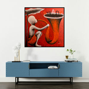 'Athkheliyan 75 (Literary Resonance)' painting by Lakhan Singh Jat shown on a wall in a furnished room.