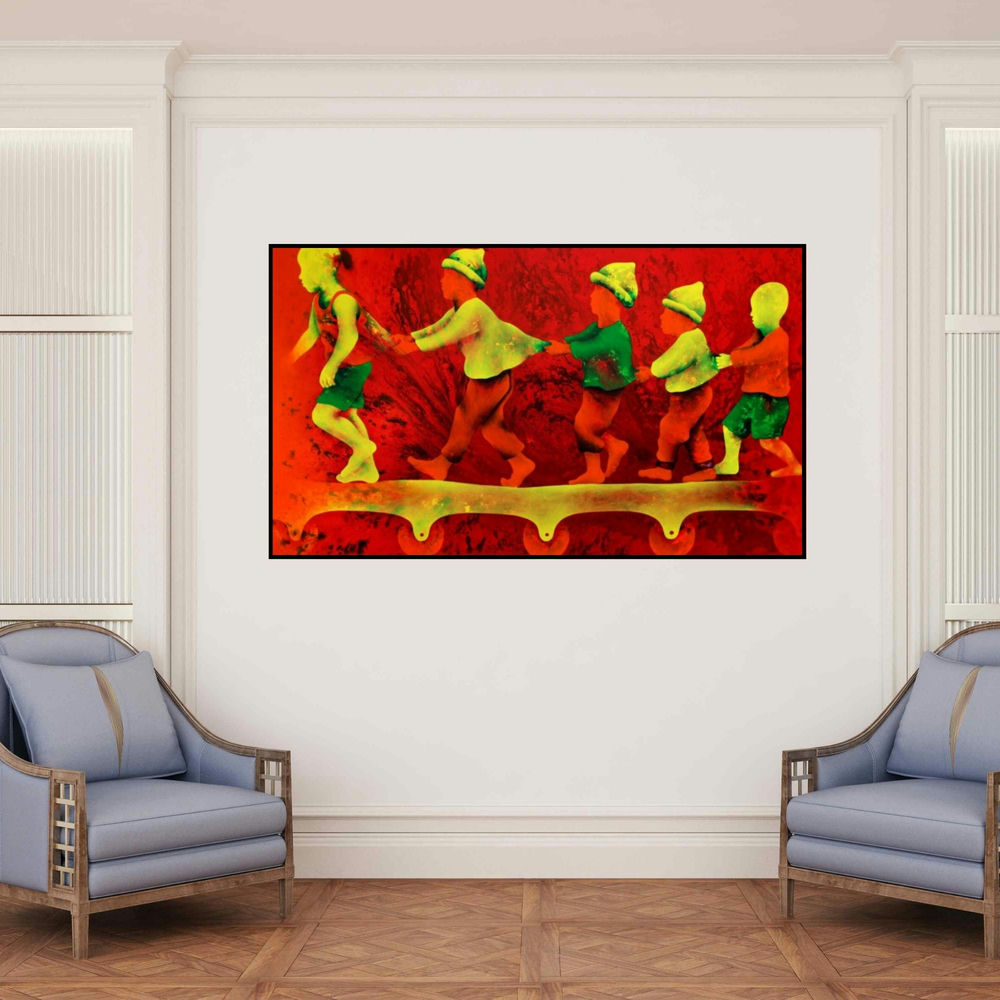 'Athkheliyan 81 (Steps of Trust)' painting by Lakhan Singh Jat shown on a wall in a furnished room.
