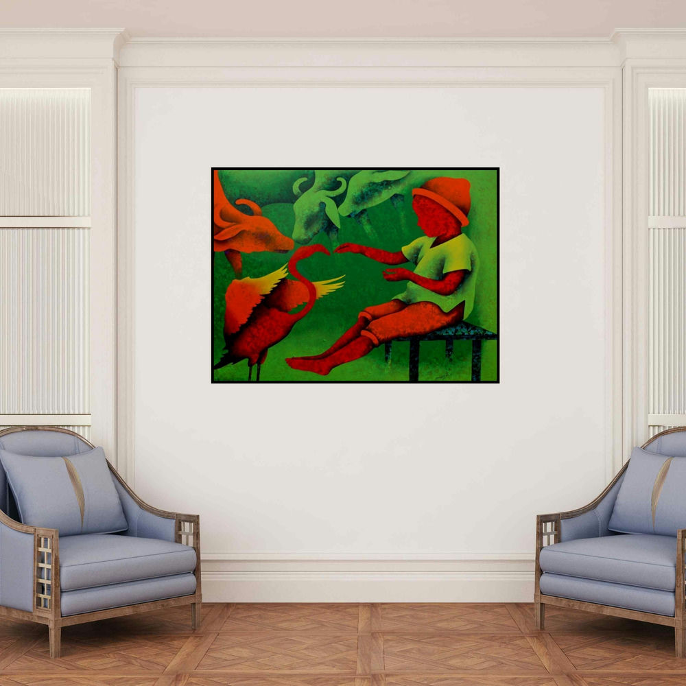 'Athkheliyan 82' painting by Lakhan Singh Jat shown on a wall in a furnished room.