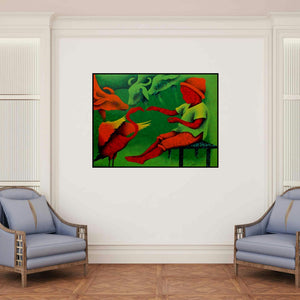 'Athkheliyan 82' painting by Lakhan Singh Jat shown on a wall in a furnished room.