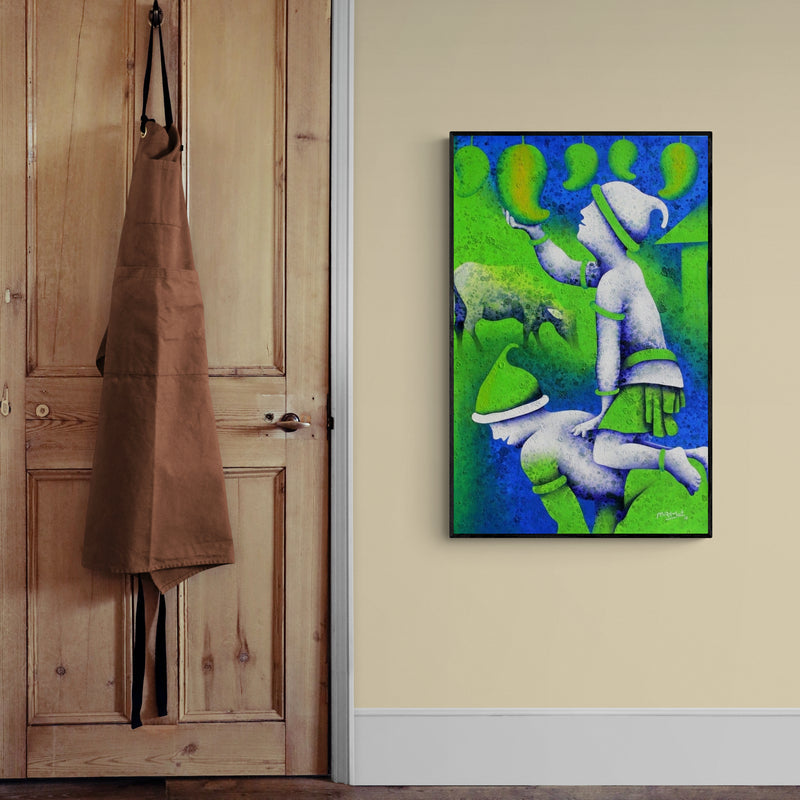 In-situ view of Lakhan Singh Jat's 'Athkheliyan 89' painting in a room