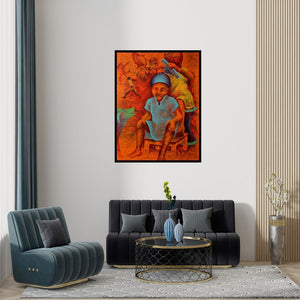 Preview of 'Athkheliyan 91' Painting by Lakhan Singh Jat shown on a wall in a furnished room.