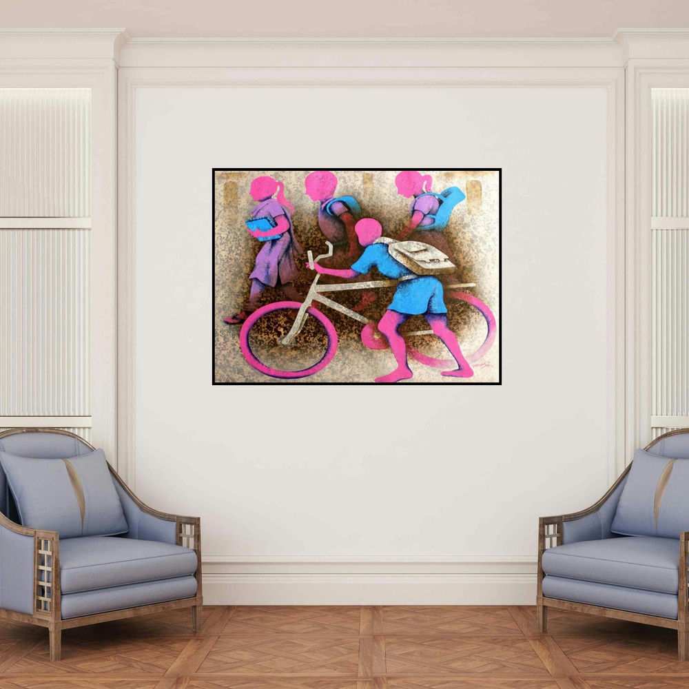 'Athkheliyan 95 (Morning Commute)' painting by Lakhan Singh Jat shown on a wall in a furnished room.