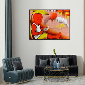 Lakhan Singh Jat's 'Athkheliyan 96 (A World Unveiled)' painting visualized above a sofa in a contemporary room.