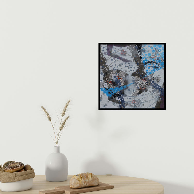 In-situ view of Asif Sharief Shaikh's 'Atmkhoj 2 (Textured Abstract in Blue and Grey)' painting in a room