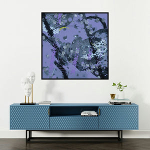 'Atmkhoj 7 (Abstract in Purple and Grey)' painting by Asif Sharief Shaikh shown on a wall in a furnished room.