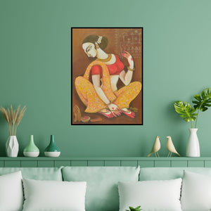 Preview of 'Atraction Of Beauty (Bridal Preparation)' Painting by Manisha Srivastava shown on a wall in a furnished room.