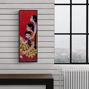 Preview of 'Attachment (A Bond of Love)' Painting by Rahul Mhetre shown on a wall in a furnished room.