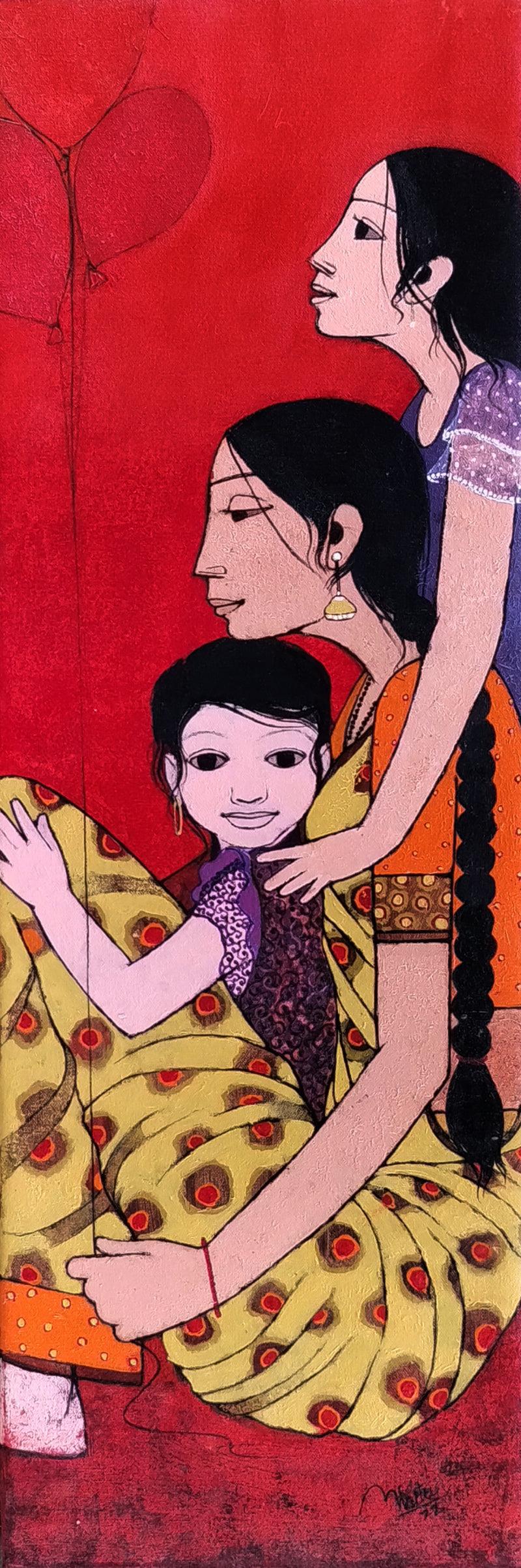 Figurative acrylic painting titled 'Attachment', 36x12 inches, by artist Rahul Mhetre on Canvas