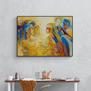 Preview of 'Attractiveness (Silent Conversation)' Painting by Braj Mohan Arya shown on a wall in a furnished room.