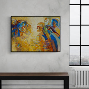 In-situ view of Braj Mohan Arya's 'Attractiveness (Silent Conversation)' painting in a room