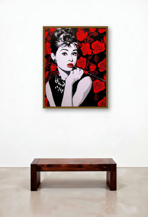 Audrey Hepburn (An Audrey Icon) by artist Sujit Karmakar displayed in a Contemporary Luxury Hallway