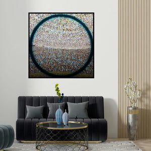 Ghanshyam Gupta's 'Aura (Cosmic Portal)' painting visualized above a sofa in a contemporary room.