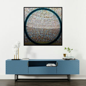 'Aura (Cosmic Portal)' painting by Ghanshyam Gupta shown on a wall in a furnished room.