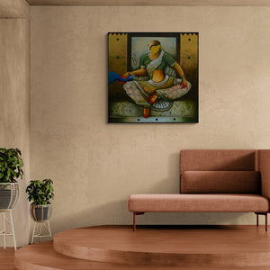 Anupam Pal's painting 'Aura Of Love (Serene Connection**)' displayed in a modern living room setting