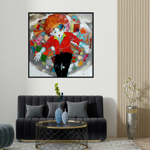 Shiv Kumar Soni's 'Aureole Of The Childhood Iii' painting visualized above a sofa in a contemporary room.