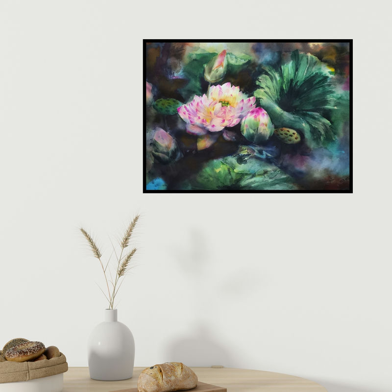 In-situ view of Puja Kumar's 'Auspicious Lotus (A Lotus Bloom)' painting in a room