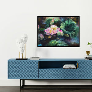 Preview of 'Auspicious Lotus (A Lotus Bloom)' Painting by Puja Kumar shown on a wall in a furnished room.