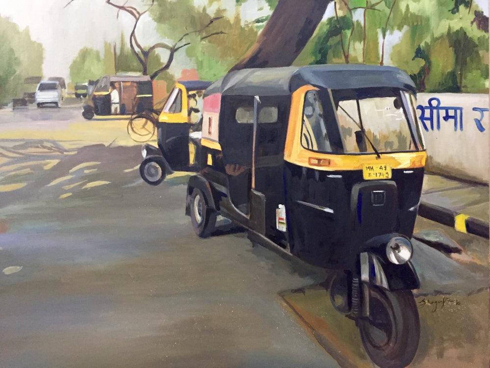 Cityscape oil painting titled 'Auto Stand', 36x48 inches, by artist Shagufta Mehdi on Canvas