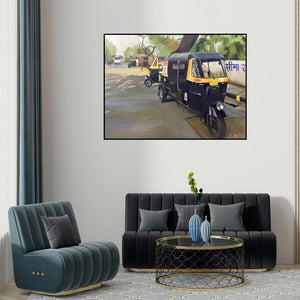 Shagufta Mehdi's 'Auto Stand (Mumbai Street Scene)' painting visualized above a sofa in a contemporary room.
