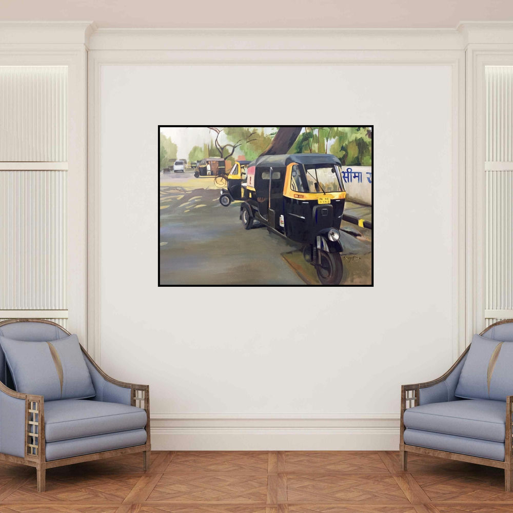'Auto Stand (Mumbai Street Scene)' painting by Shagufta Mehdi shown on a wall in a furnished room.