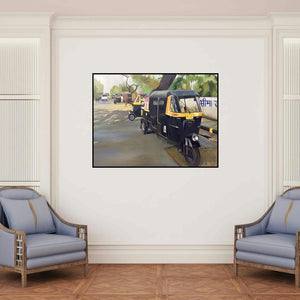 'Auto Stand (Mumbai Street Scene)' painting by Shagufta Mehdi shown on a wall in a furnished room.