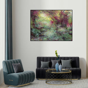 Vimal Chand's 'Autum (Autumns Embrace)' painting visualized above a sofa in a contemporary room.