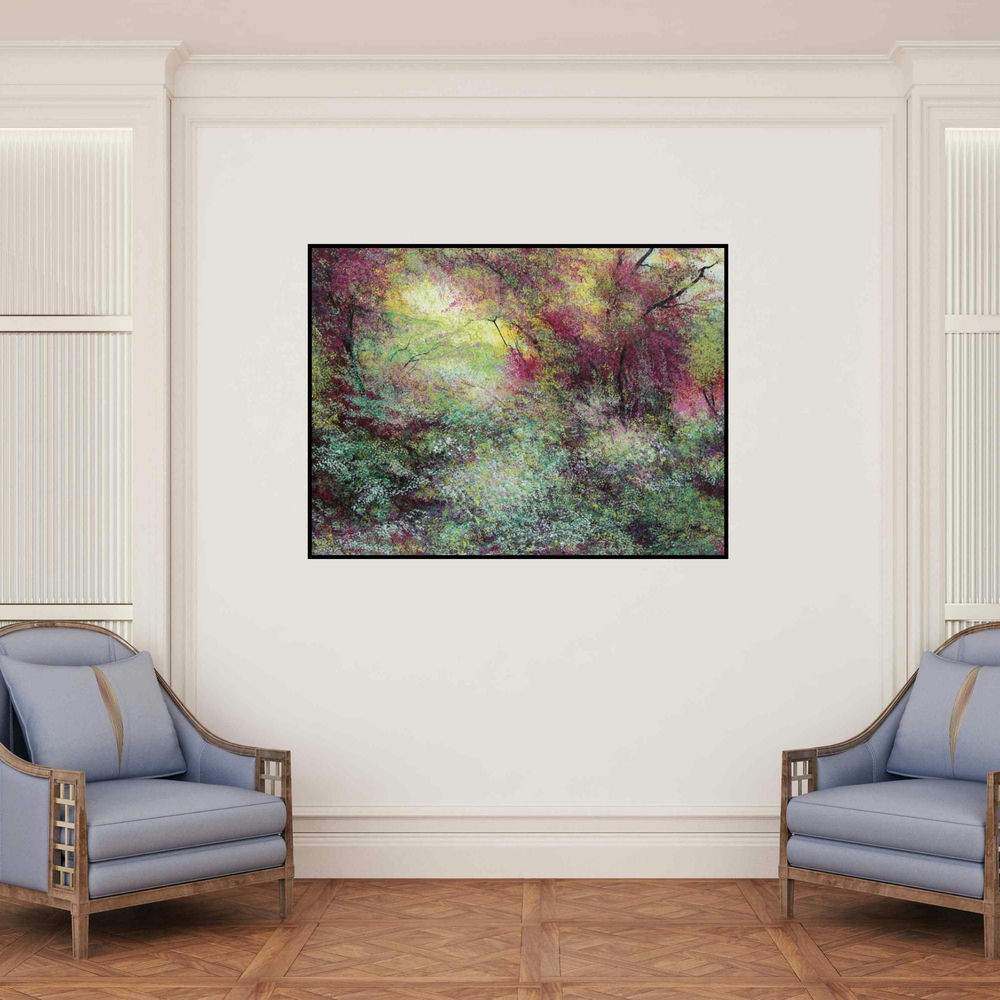'Autum (Autumns Embrace)' painting by Vimal Chand shown on a wall in a furnished room.
