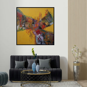 Sheetal Singh's 'Autumn' painting visualized above a sofa in a contemporary room.
