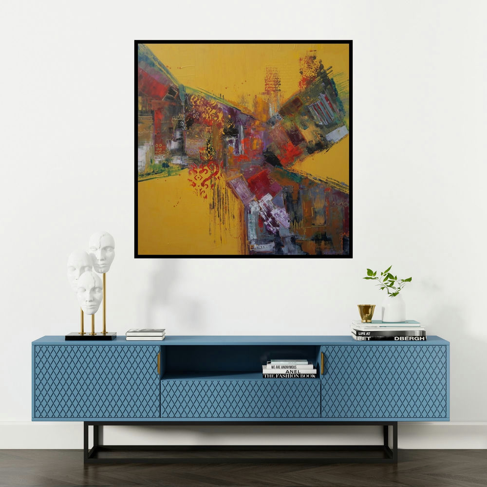'Autumn' painting by Sheetal Singh shown on a wall in a furnished room.