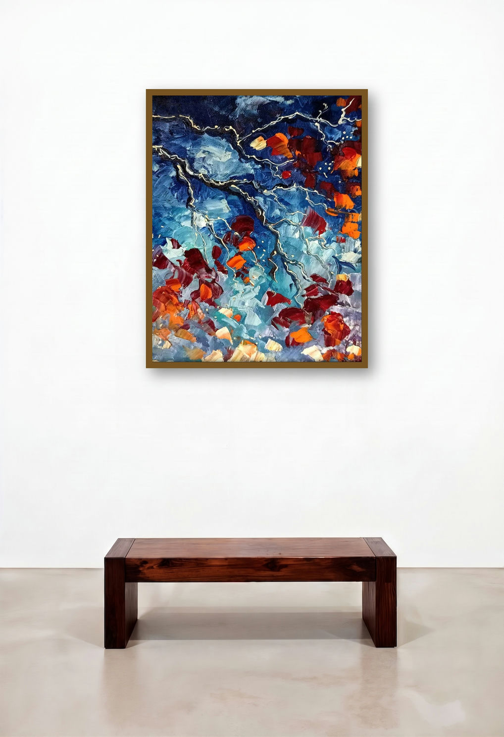 Autumn 4 (Nocturnal Bloom) by artist Bahadur Singh displayed in a Rustic Library