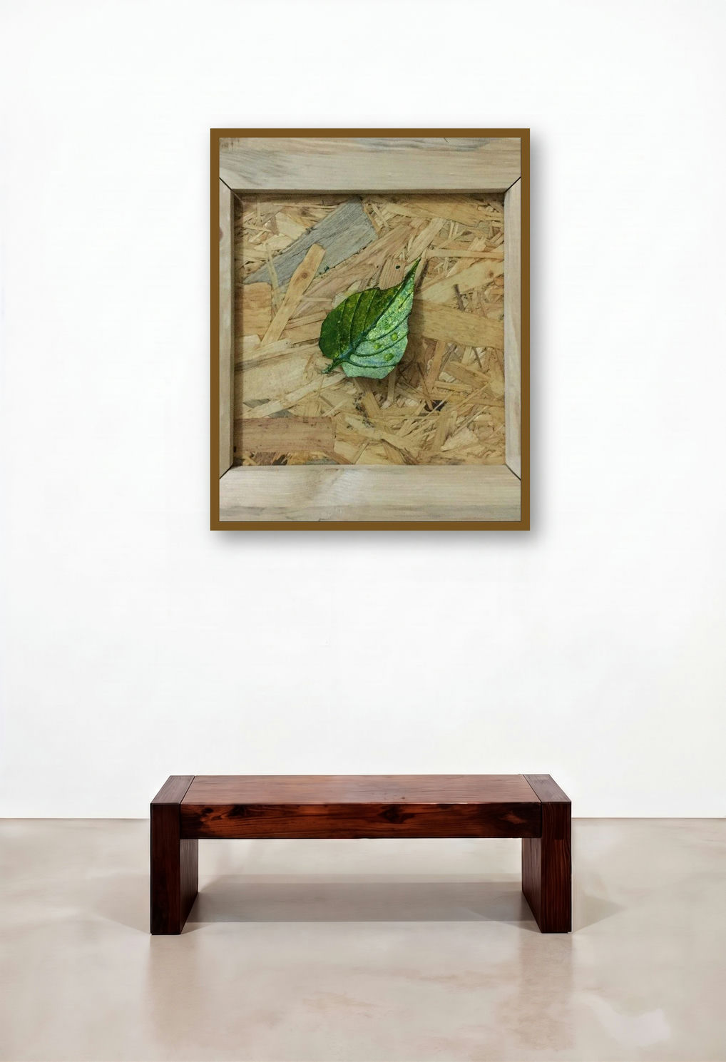 Autumn Revival 2 (Dew-Kissed Leaf in Wooden Frame) by artist Pradip Tupe displayed in a Modern Penthouse