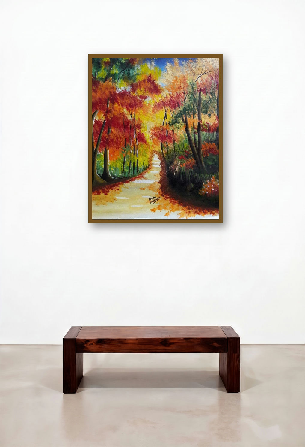Autumn Trees (Autumnal Journey) by artist Reema Ravindran displayed in a Classic Hotel Lobby