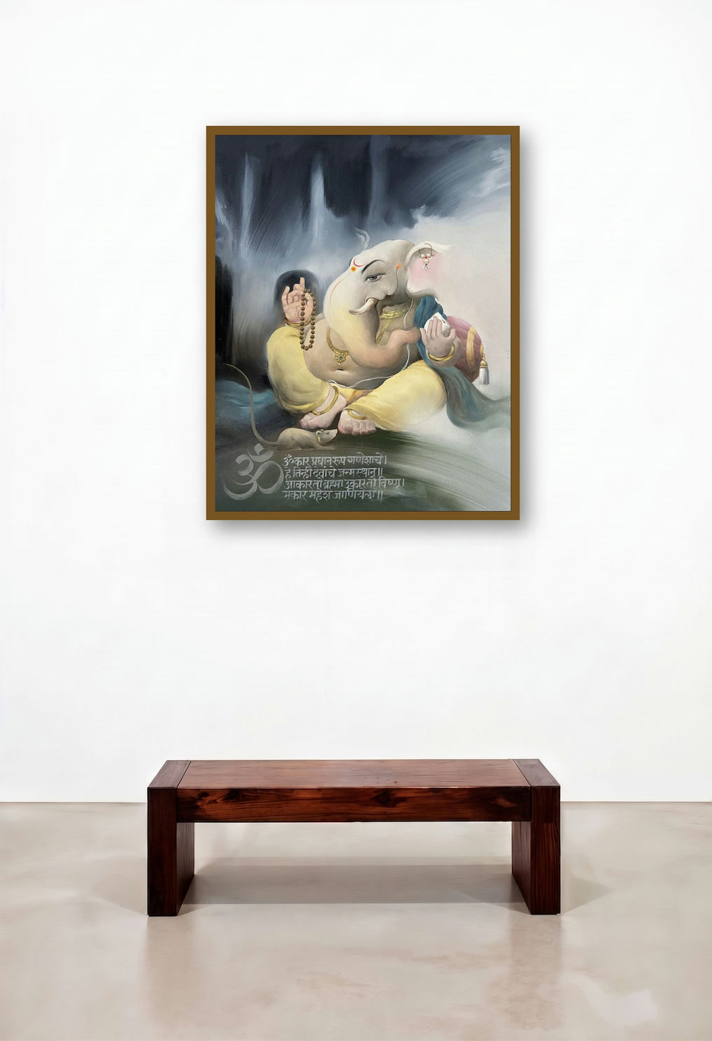 Avaneesh (Seated Ganesha with Mantra Background) by artist Namdev M Patil displayed in a Elegant Reception Area