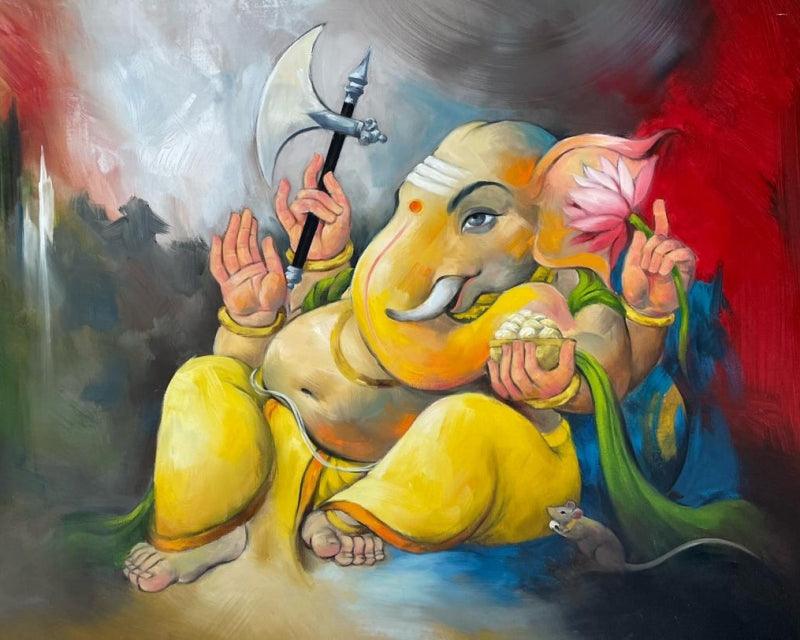 Religious oil painting titled 'Avighna', 34x42 inches, by artist Namdev Patil on Canvas