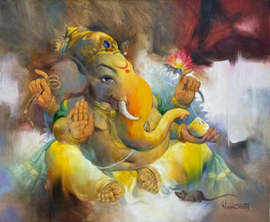 Religious oil painting titled 'Avighna', 36x44 inches, by artist Namdev M Patil on Canvas