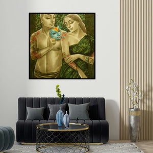 Sukanta Das's 'Avisar 5' painting visualized above a sofa in a contemporary room.