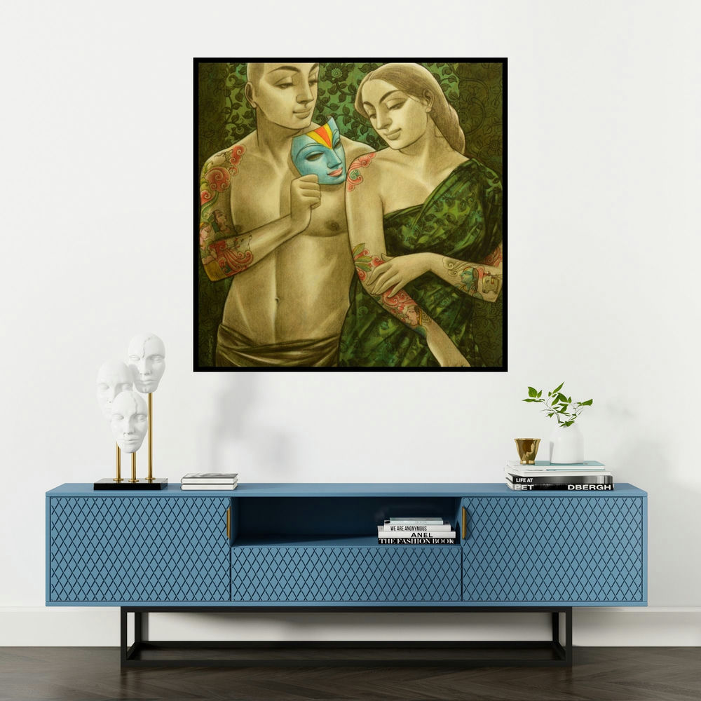 'Avisar 5' painting by Sukanta Das shown on a wall in a furnished room.