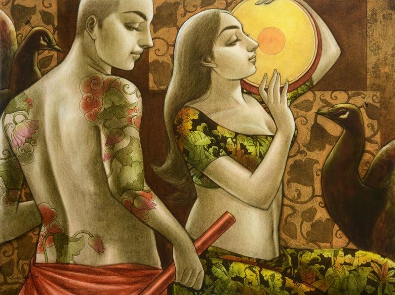 Figurative mixed media painting titled 'Avisarika 15', 36x48 inches, by artist Sukanta Das on Canvas